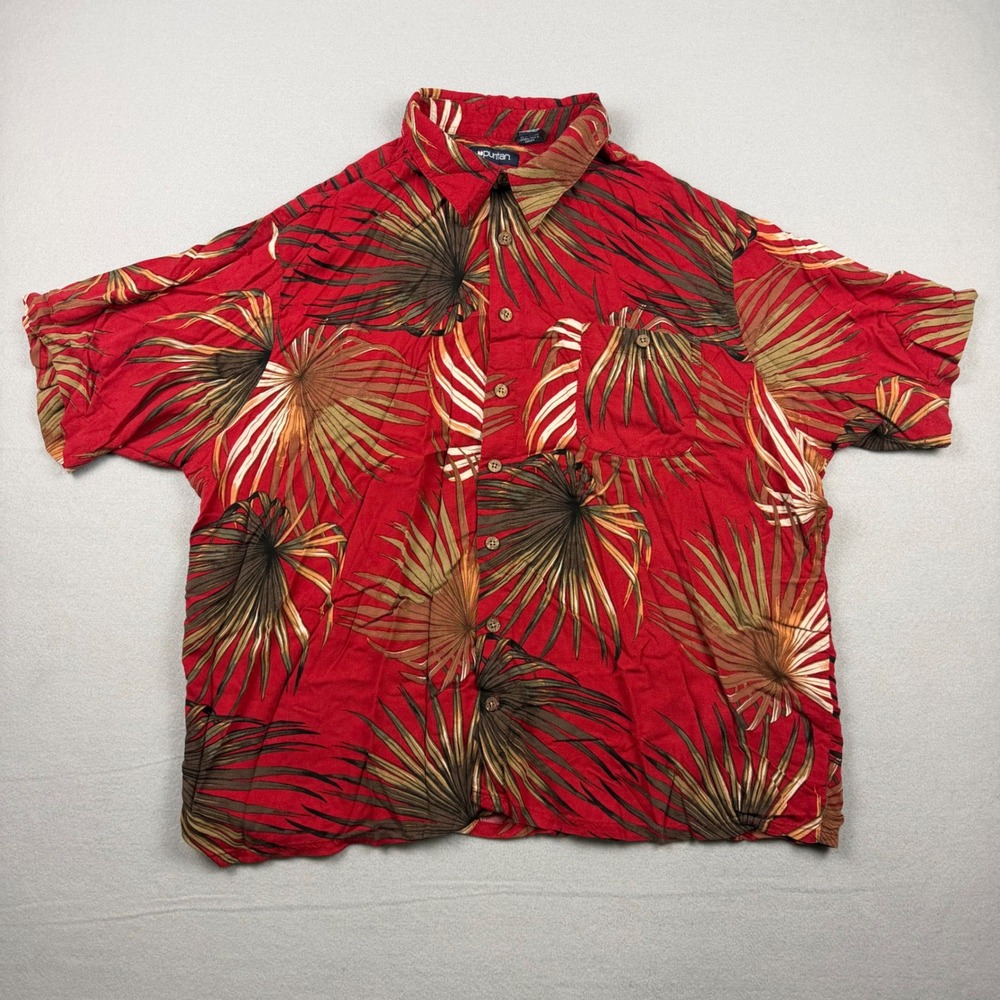 Vintage Puritan Mens 2XL Red Palm Leaf Print Viscose Rayon Button Up Aloha Shirt